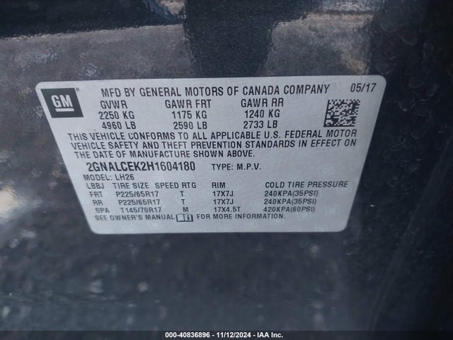 Chevrolet EQUINOX LT 2017 2GNALCEK2H1604180 Image 9