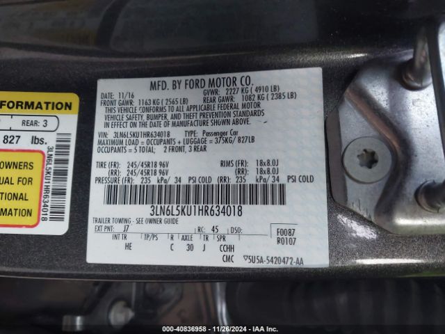 3LN6L5KU1HR634018 Lincoln Mkz Hybrid Premiere