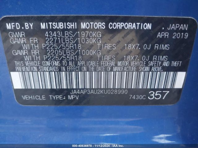 JA4AP3AU2KU028990 Mitsubishi Outlander Sport 2.0 Es/2.0 Le/2.0 Sp