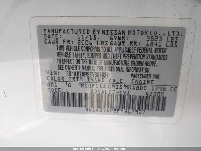 Nissan SENTRA S 2015 3N1AB7AP8FY367927 Image 9