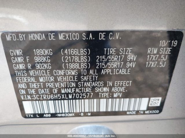 3CZRU6H5XLM702577 Honda Hr-v Awd Ex