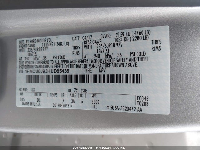 Ford Escape Titanium 2017 1FMCU0J93HUD85438 Image 9