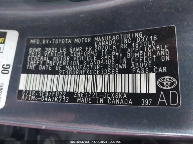 2T1BURHEXGC633588 Toyota Corolla S