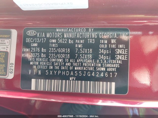 5XYPHDA55JG424617 KIA Sorento 3.3l Ex