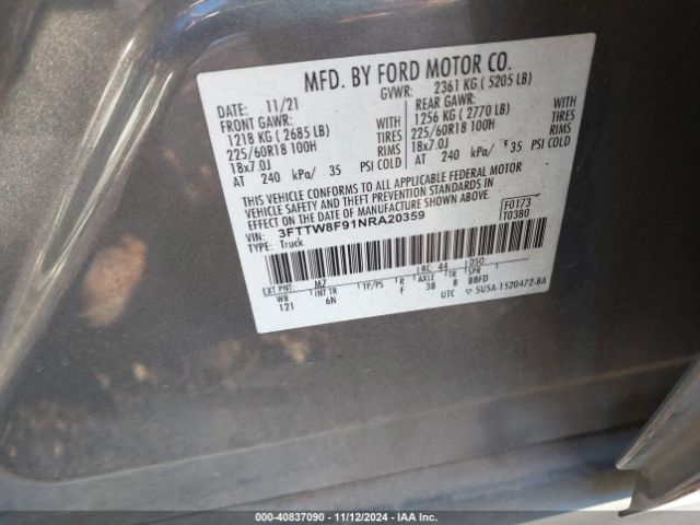 3FTTW8F91NRA20359 Ford Maverick Lariat