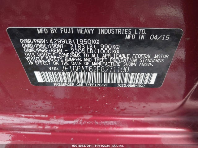 JF1GPAT62F8271190 Subaru Impreza 2.0i Sport Premium