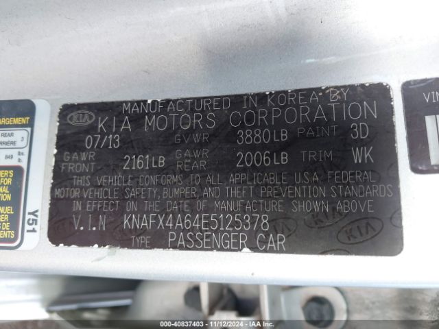 KNAFX4A64E5125378 KIA FORTE LX