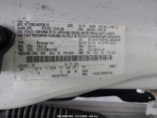 Продажа на аукционе авто 2012 Ford Focus Sel, vin: 1FAHP3H2XCL424283, номер лота: 40837464