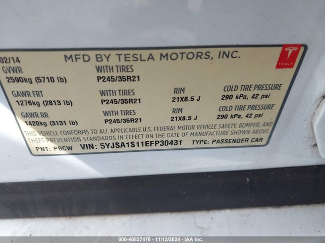 2014 TESLA MODEL S 5YJSA1S11EFP30431 Photo 8