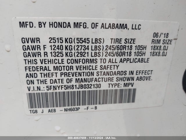 Honda Pilot Ex-l 2018 5FNYF5H81JB032130 Image 9