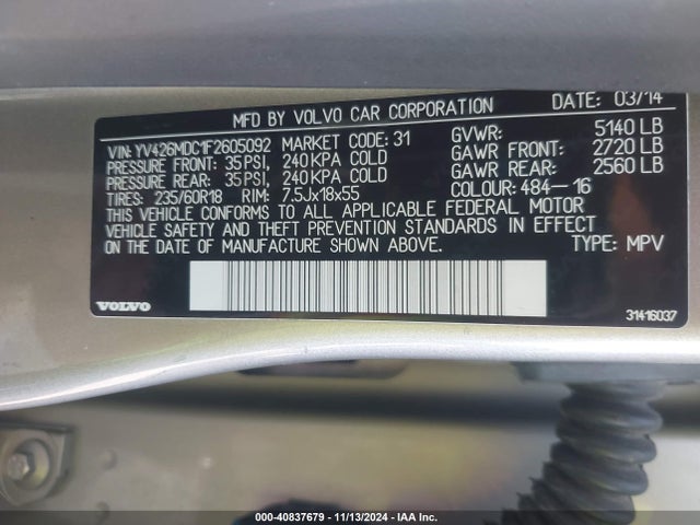 YV426MDC1F2605092 Volvo Xc60 T5 Premier Plus