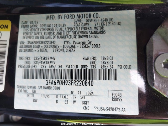 Ford FUSION SE 2015 3FA6P0H93FR220840 Image 9