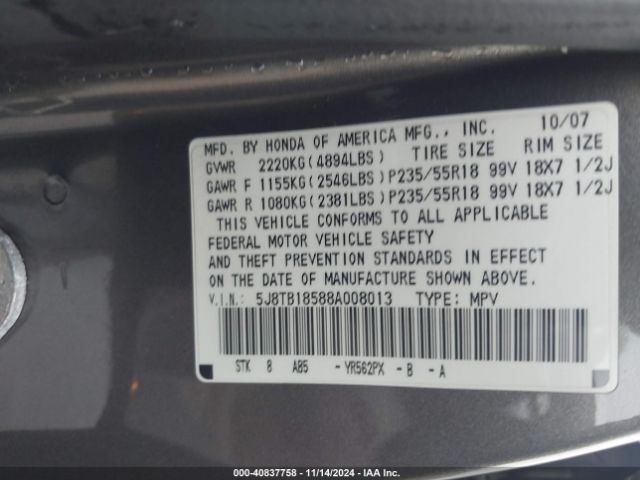 2008 ACURA RDX 5J8TB18588A008013 Photo 8
