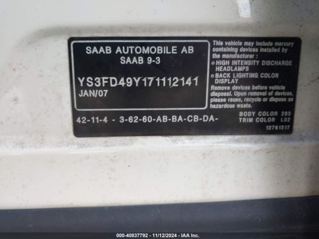 2007 SAAB 9-3 YS3FD49Y171112141 Photo 8