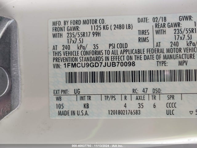 1FMCU9GD7JUB70098 Ford ESCAPE SE