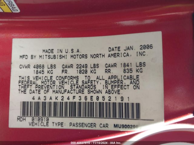 2006 MITSUBISHI ECLIPSE 4A3AK24F36E052191 Photo 8