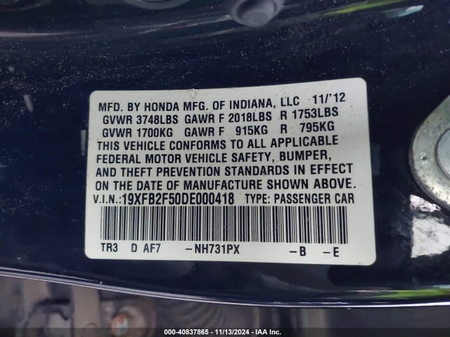 Продаж на аукціоні авто 2013 Honda Civic Lx, vin: 19XFB2F50DE000418, номер лоту: 40837865