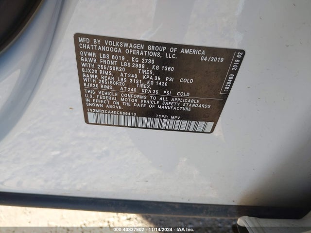 1V2MR2CA4KC566413 Volkswagen Atlas 3.6l V6 Sel