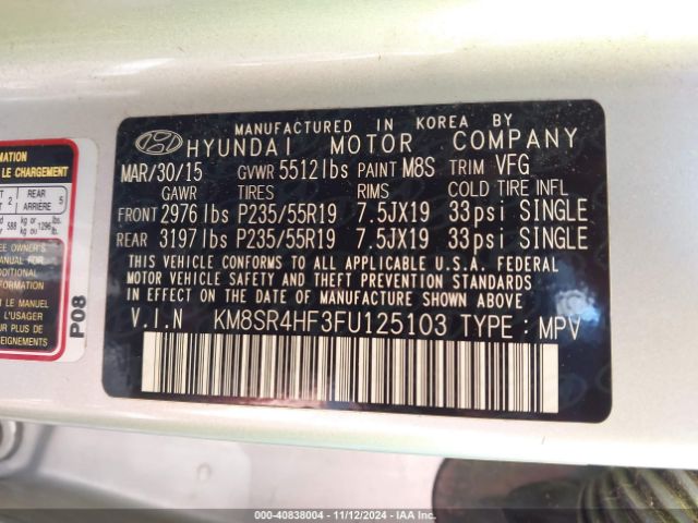 KM8SR4HF3FU125103 Hyundai Santa Fe Gls