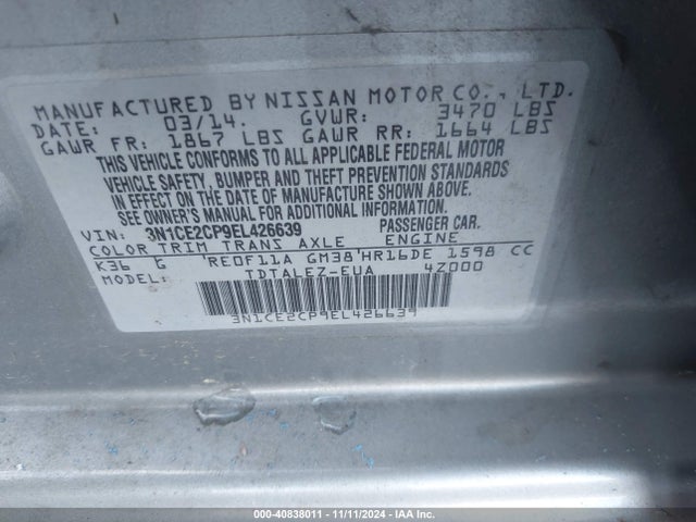 3N1CE2CP9EL426639 Nissan Versa Note Sv