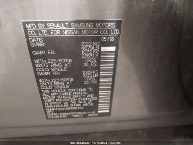 KNMAT2MV0GP698754 Nissan Rogue S/sl/sv