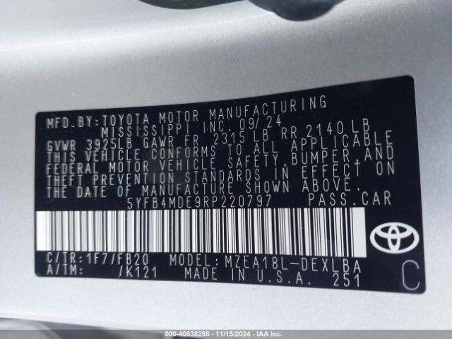 5YFB4MDE9RP220797 Toyota COROLLA LE