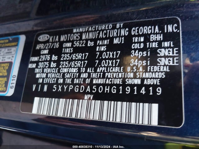 KIA Sorento Lx V6 2017 5XYPGDA50HG191419 Image 9