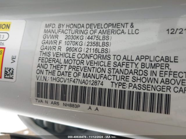 1HGCV1F47NA012874 Honda Accord Sport Special Edition