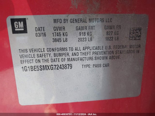 Chevrolet Cruze Lt Auto 2016 1G1BE5SMXG7243879 Image 9