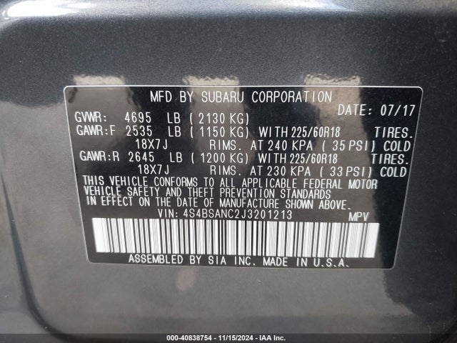 Subaru Outback 2.5i Limited 2018 4S4BSANC2J3201213 Image 9