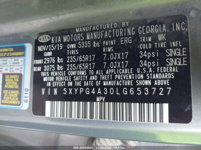 5XYPG4A30LG653727 KIA Sorento 2.4l L