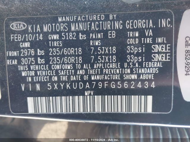 5XYKUDA79FG562434 KIA Sorento Ex V6