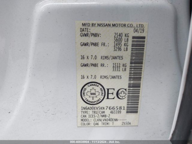 1N6AD0EV5KN766581 Nissan Frontier Pro-4x/s/sl/sv