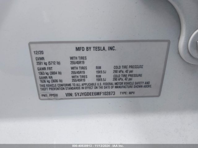 5YJYGDEE6MF102873 Tesla Model Y Long Range Dual Motor All-wheel Drive