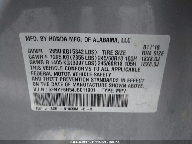 Honda Pilot Ex-l 2018 5FNYF6H54JB011901 Image 9