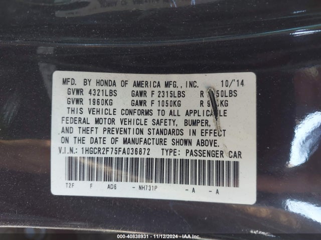Honda ACCORD EX 2015 1HGCR2F75FA036872 Image 9