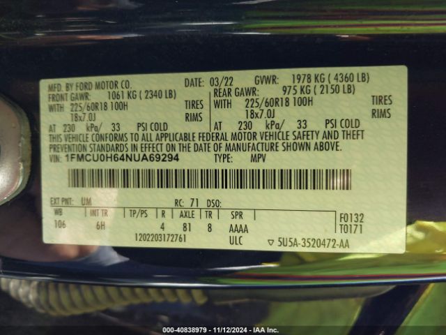 1FMCU0H64NUA69294 Ford ESCAPE SEL