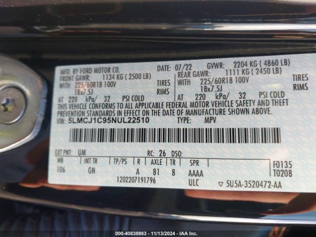 5LMCJ1C95NUL22510 Lincoln Corsair Standard