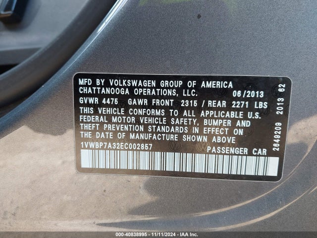 1VWBP7A32EC002857 Volkswagen Passat 2.5l Se