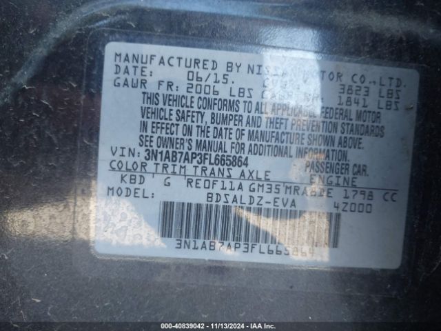 3N1AB7AP3FL665864 Nissan Sentra Fe+ S/s/sl/sr/sv