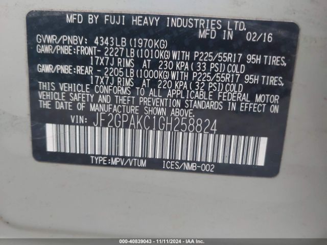 JF2GPAKC1GH258824 Subaru Crosstrek 2.0i Limited