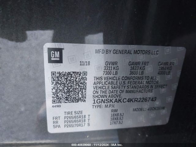 1GNSKAKC4KR226743 Chevrolet Tahoe Ls