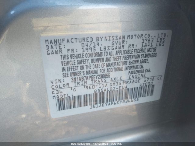 3N1AB7AP6EY236655 Nissan Sentra Fe+ S/fe+ Sv/s/sl/sr/sv