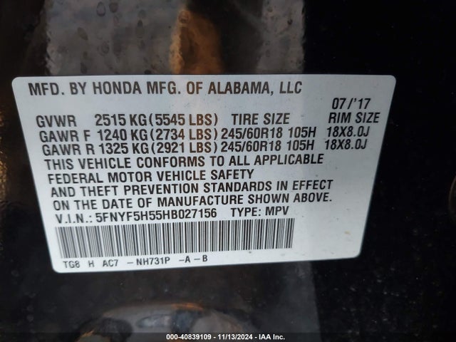 Honda Pilot Ex-l 2017 5FNYF5H55HB027156 Image 9
