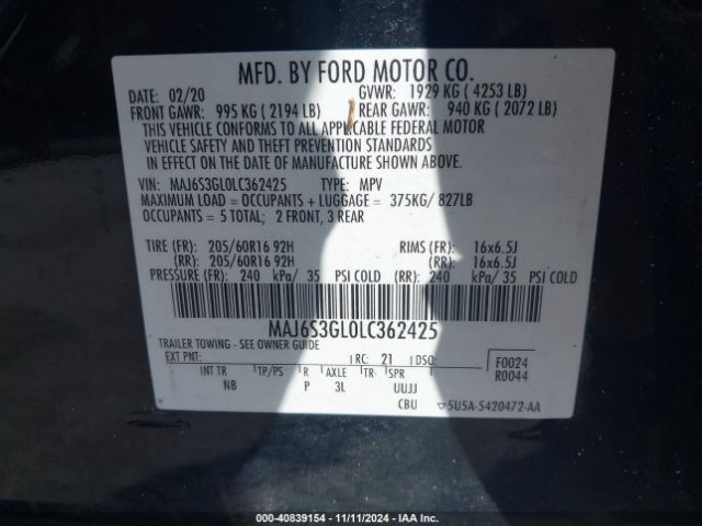MAJ6S3GL0LC362425 Ford Ecosport Se