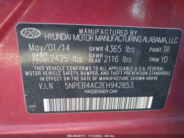 5NPEB4AC2EH942853 Hyundai SONATA GLS