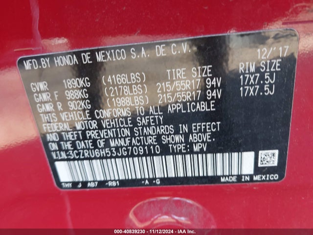 Honda HR-V EX 2018 3CZRU6H53JG709110 Image 9