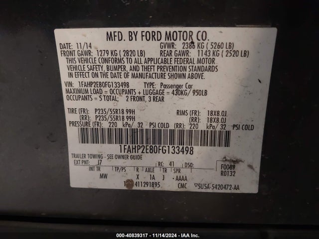 1FAHP2E80FG133498 Ford TAURUS SEL
