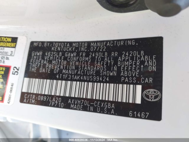 4T1F31AK4NU599424 Toyota Camry Xle Hybrid