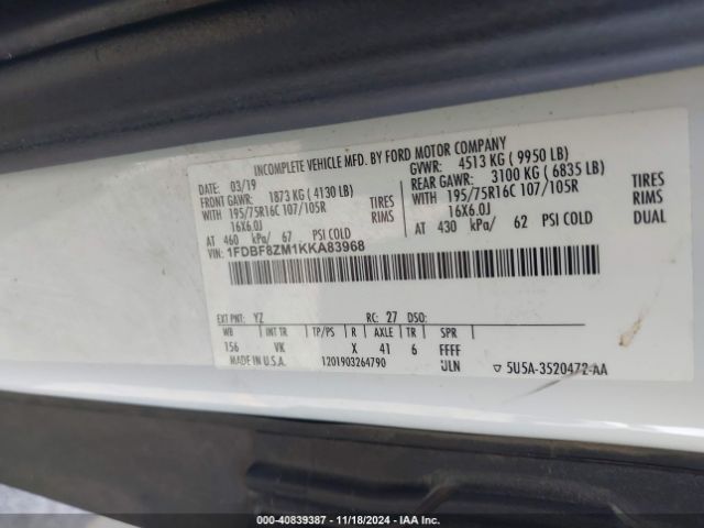 1FDBF8ZM1KKA83968 Ford Transit-350 Cab
